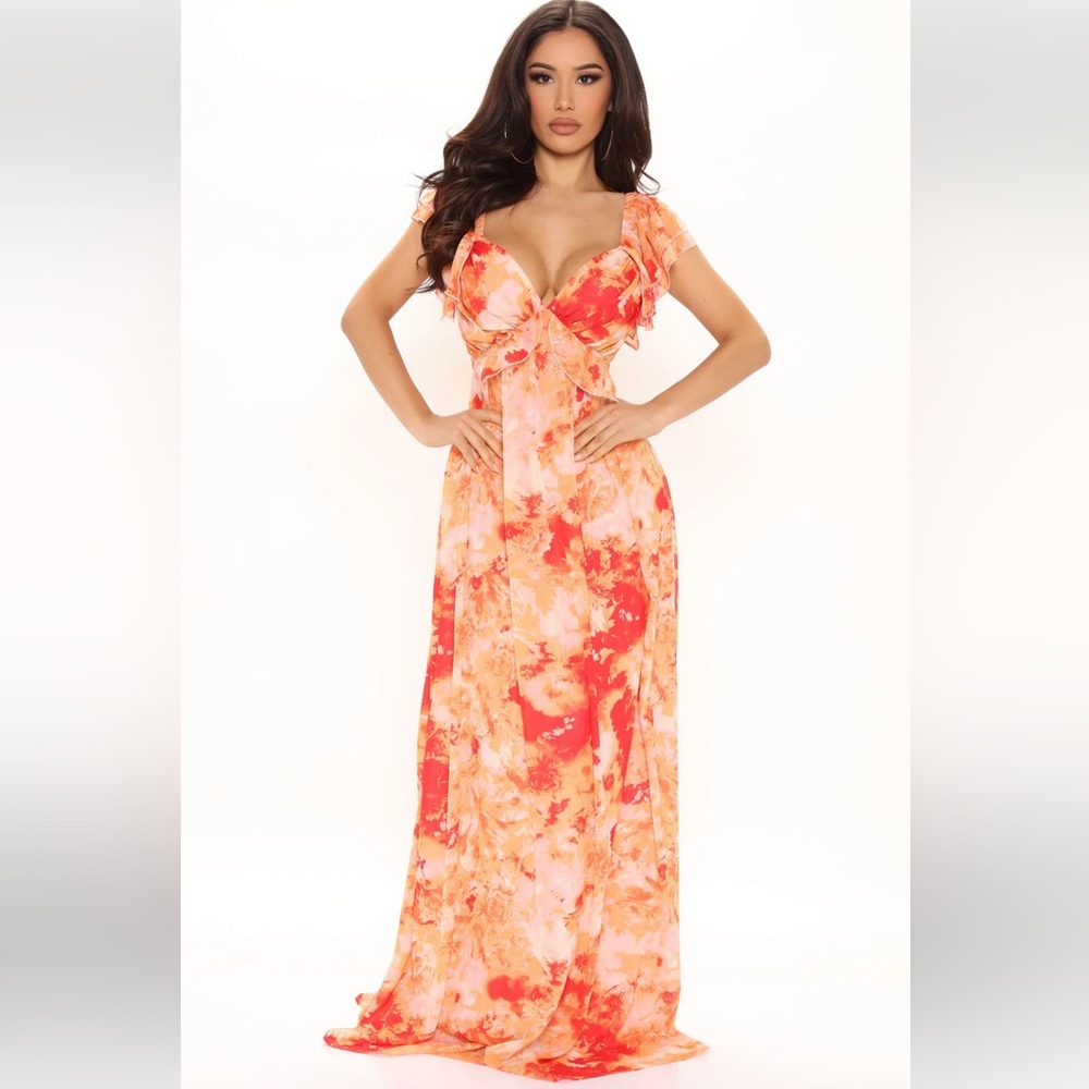 Special Brunch Maxi Dress - Orange/combo floral chiffon size XS